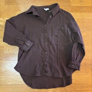 ACOA Brown Gauzy Cotton Coastal Resortwear Slouchy Boho Long Sleeve Shirt M/L
